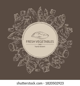 Antecedentes con verduras: batat, raíz de taro, ñame, alcachofa china. Ilustración dibujada a mano por vectores.