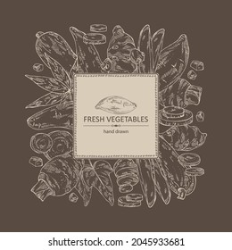 Background with vegetables: batat, taro root, cassava root and Jerusalem artichoke. Vector hand drawn illustration.