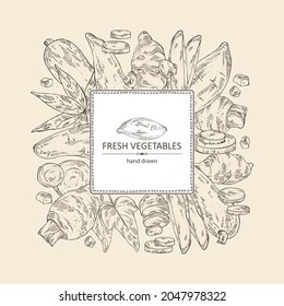 Background with vegetables: batat, taro root, cassava root and Jerusalem artichoke. Vector hand drawn illustration.