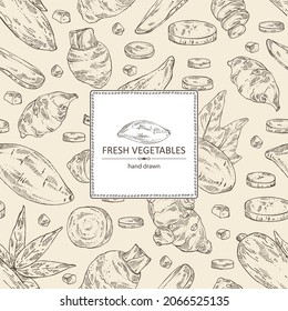 Antecedentes con verduras: batat, raíz de taro, raíz de yuca y alcachofa de Jerusalén. Ilustración dibujada a mano por vectores.