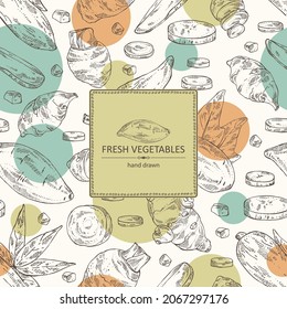 Antecedentes con verduras: batat, raíz de taro, raíz de yuca y alcachofa de Jerusalén. Ilustración dibujada a mano por vectores.