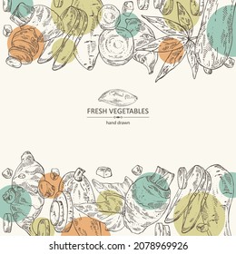 Background with vegetables: batat, taro root, cassava root and Jerusalem artichoke. Vector hand drawn illustration.