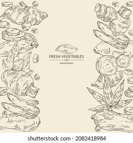 Antecedentes con verduras: batat, raíz de taro, raíz de yuca y alcachofa de Jerusalén. Ilustración dibujada a mano por vectores.