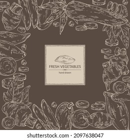 Background with vegetables: batat, taro root, cassava root and Jerusalem artichoke. Vector hand drawn illustration.