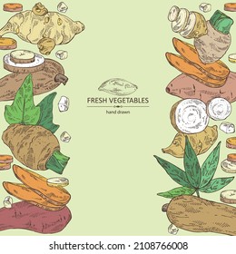 Background with vegetables: batat, taro root, cassava root and Jerusalem artichoke. Vector hand drawn illustration.