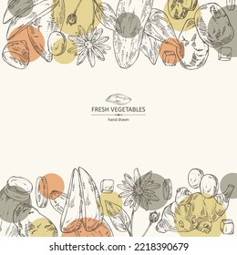 Antecedentes con verduras: batat, tubérculo de ñame, batata, alcachofa de Jerusalén y papas. Ilustración dibujada a mano por vectores.