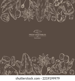 Background with vegetables: batat, tuber of yams, sweet potato, Jerusalem artichoke and potatoes. Vector hand drawn illustration.