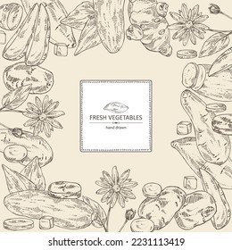 Antecedentes con verduras: batat, tubérculo de ñame, batata, alcachofa de Jerusalén y papas. Ilustración dibujada a mano por vectores.