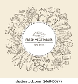 Fondo con verduras: batata, tubérculo de batata, batata, alcachofa de Jerusalén y patatas. Vector dibujado a mano ilustración.