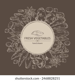 Fondo con verduras: batata, tubérculo de batata, batata, alcachofa de Jerusalén y patatas. Vector dibujado a mano ilustración.