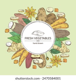 Background with vegetables: batat, tuber of yams, sweet potato, Jerusalem artichoke and potatoes. Vector hand drawn illustration.