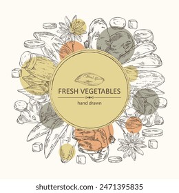 Background with vegetables: batat, tuber of yams, sweet potato, Jerusalem artichoke and potatoes. Vector hand drawn illustration.