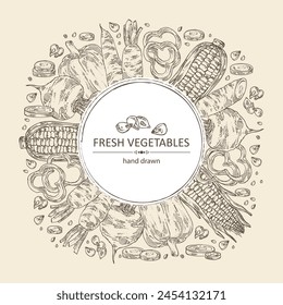 Background with vegetables: beetroot, carrot, corn and pepper. Vector hand drawn illustration