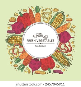 Background with vegetables: beetroot, carrot, corn and pepper. Vector hand drawn illustration