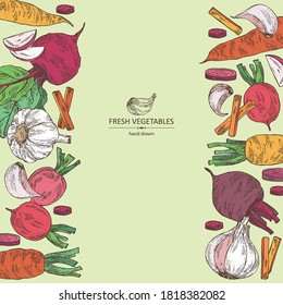 Background with vegetables: beetroot, carrot, garlic and radish. Vector hand drawn illustration