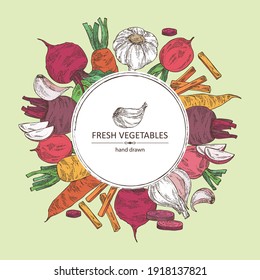 Background with vegetables: beetroot, carrot, garlic and radish. Vector hand drawn illustration