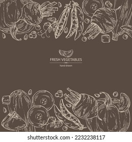 Antecedentes con verduras: remolacha, guisantes, calabaza y calabaza. Ilustración dibujada a mano por el vector