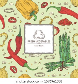 Background with vegetables: bell pepper, chilli pepper, onion and asparagus. Vector hand drawn illustration.