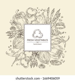 Background with vegetables: bell pepper, chilli pepper, onion and asparagus. Vector hand drawn illustration.