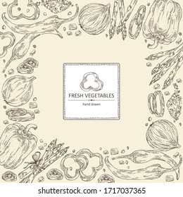 Background with vegetables: bell pepper, chilli pepper, onion and asparagus. Vector hand drawn illustration.