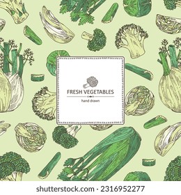 Background with vegetables: broccoli, fennel, celery, apium graveolens, brussels sprouts. Vector hand drawn illustration.