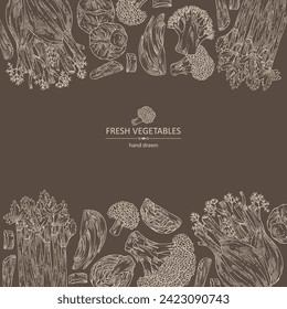 Background with vegetables: broccoli, fennel, celery, apium graveolens, brussels sprouts. Vector hand drawn illustration.