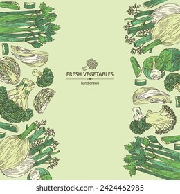 Fondo con verduras: brócoli, hinojo, apio, graveolens apio, brotes de bruselas. Ilustración dibujada a mano del vector.