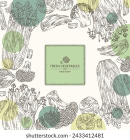 Hintergrund mit Gemüse: Brokkoli, Fenchel, Sellerie, Apium graveolens, Rosenkohl. Hand gezeichnete Vektor-Illustration.