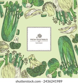 Fondo con verduras: brócoli, hinojo, apio, graveolens apio, brotes de bruselas. Ilustración dibujada a mano del vector.