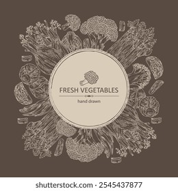 Fondo con verduras: brócoli, hinojo, apio, graveolens de apio, coles de Bruselas. Vector dibujado a mano ilustración.