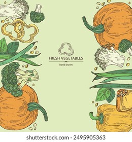 Background with vegetables: broccoli, pumpkin, french green beans, pepper. Vector hand drawn illustration.