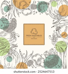Background with vegetables: broccoli, pumpkin, french green beans, pepper. Vector hand drawn illustration.