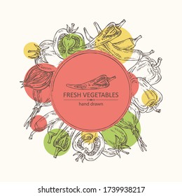 Antecedentes con verduras: pimienta picante, tomate, pimienta, cebolla. Ilustración dibujada a mano por vectores.