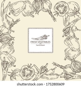 Antecedentes con verduras: pimienta picante, tomate, pimienta, cebolla. Ilustración dibujada a mano por vectores.