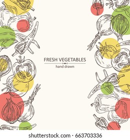 Background with vegetables: chili pepper, tomato, pepper, onion. Vector hand drawn illustration