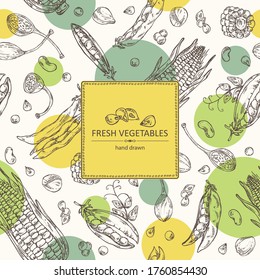 Antecedentes con verduras: maíz, vaina de guisantes, vaina de alubias, gorro. Ilustración dibujada a mano por vectores.
