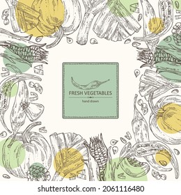 Background with vegetables: corn, pumpkin, chilli pepper and leek. Vector hand drawn illustration.