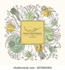 Background with vegetables: corn, pumpkin, chilli pepper and leek. Vector hand drawn illustration.