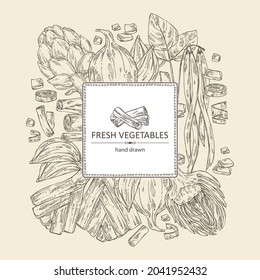 Background with vegetables: french green beans, artichoke, leek and onion. Vector hand drawn illustration