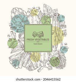 Background with vegetables: french green beans, artichoke, leek and onion. Vector hand drawn illustration