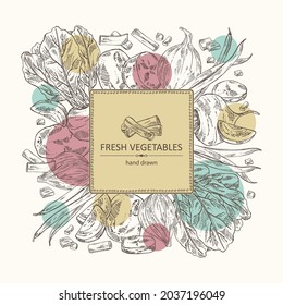 Background with vegetables: full onion and onion slices, potatoes, french green beans and full beetroot and piece of beet. Vector hand drawn illustration.