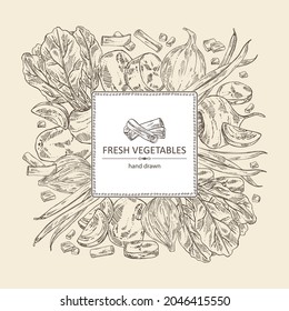 Background with vegetables: full onion and onion slices, potatoes, french green beans and full beetroot and piece of beet. Vector hand drawn illustration.