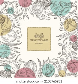Background with vegetables: full onion and onion slices, potatoes, french green beans and full beetroot and piece of beet. Vector hand drawn illustration.