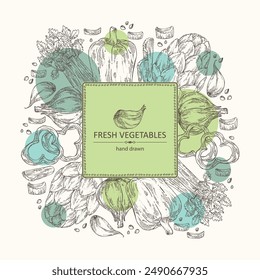 Background with vegetables: garlic, artichoke, celery, apium graveolens, pepper. Vector hand drawn illustration.