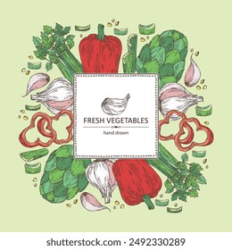 Hintergrund mit Gemüse: Knoblauch, Artischocke, Sellerie, Apium Graveolens, Pfeffer. Vektorgrafik handgezeichnete Abbildung.
