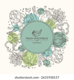 Hintergrund mit Gemüse: Knoblauch, Artischocke, Sellerie, Apiumgraveolen, Pfeffer. Handgezeichnete Vektorgrafik.