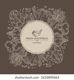 Hintergrund mit Gemüse: Knoblauch, Artischocke, Sellerie, Apiumgraveolen, Pfeffer. Handgezeichnete Vektorgrafik.