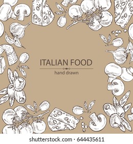 Background with vegetables, garlic, tomatoes, olives, cheese and champignon. Vector hand drawn illustration