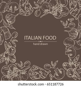 Background with vegetables, garlic, tomatoes, olives, cheese and champignon. Vector hand drawn illustration.