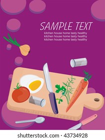 Background with vegetables, herbs, chopping board and knife